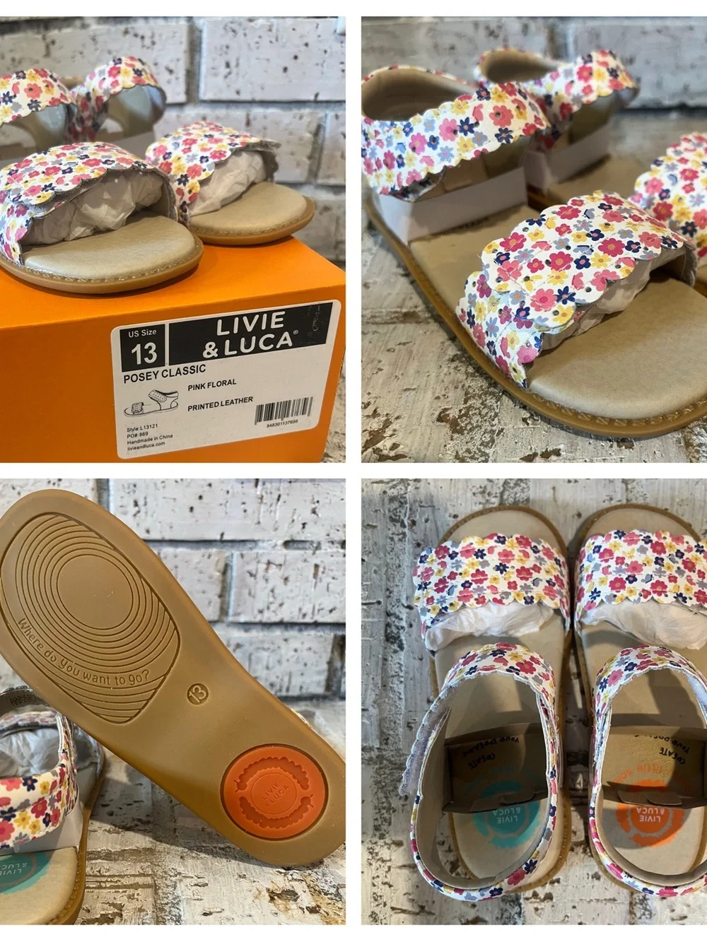 Livie & Luca Pink Floral Posey Classic Sandals w/Multicolor Flower Print 12 NIB